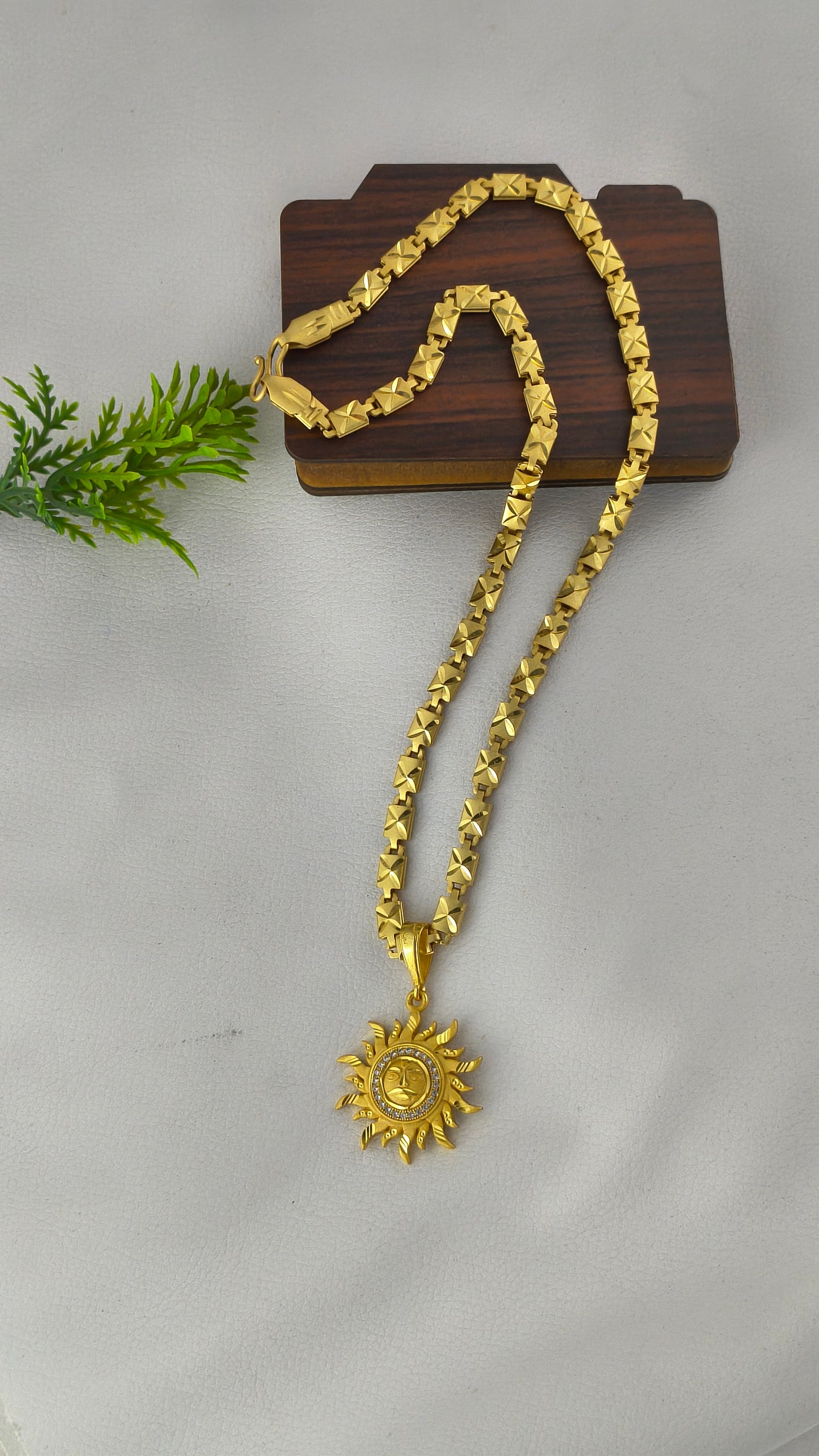 Heavy Gold Plated Biscuit Chain with Suryadev Pendant Combo Set