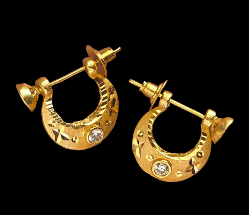 One Gram gold plated Rajwadi style crescent-shaped crystal diamond, hoop earrings.