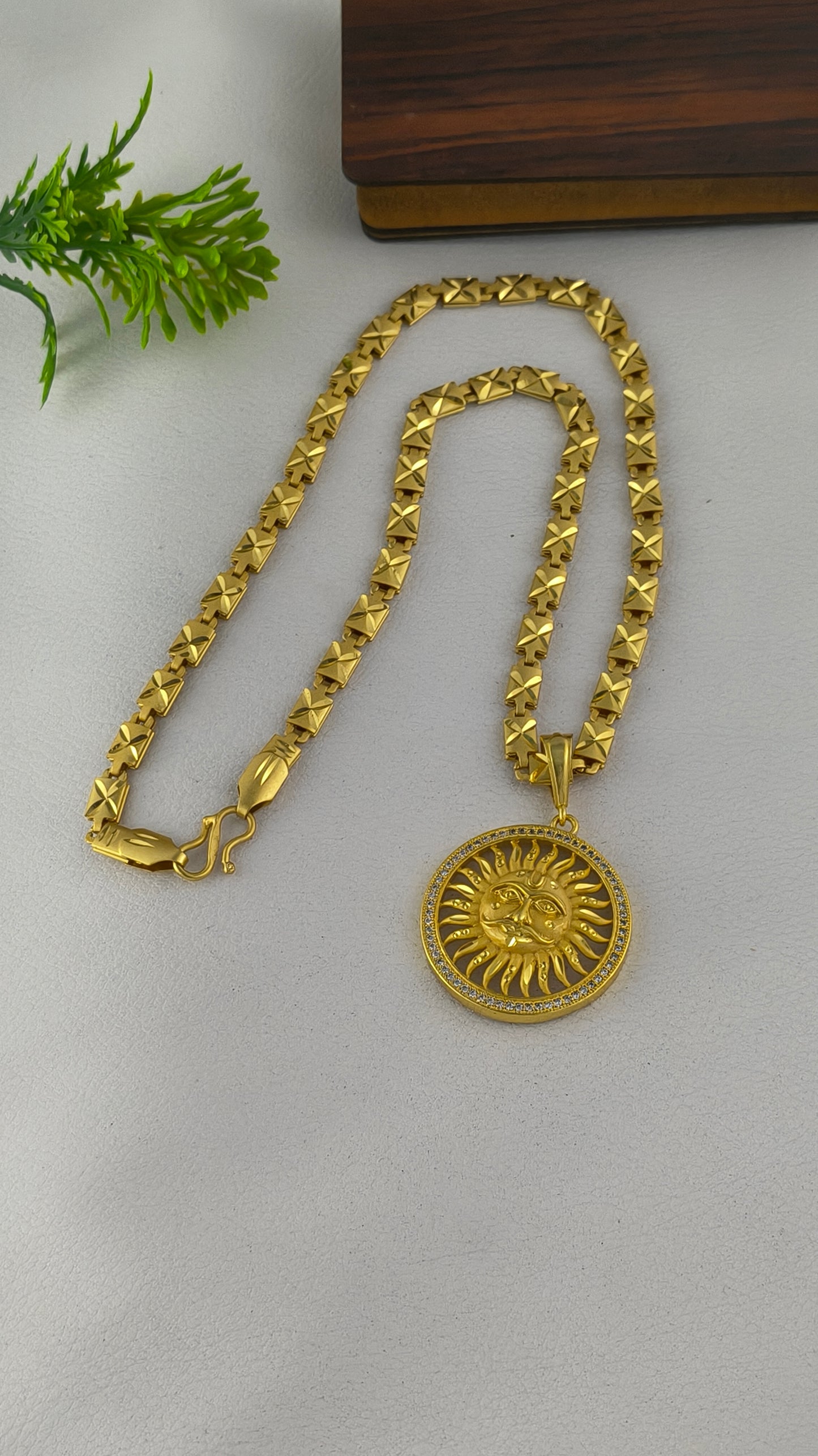 Gold plated premium surya pandent With Biscuit Chain for Men