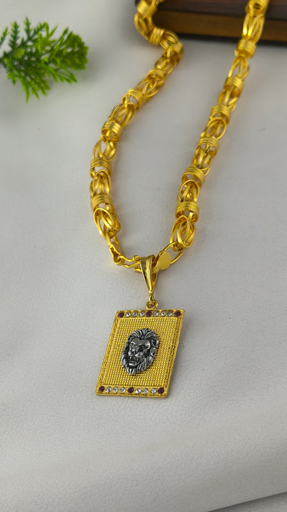 Gold Plated Lion Pendant with Rajwadi Chain Combo