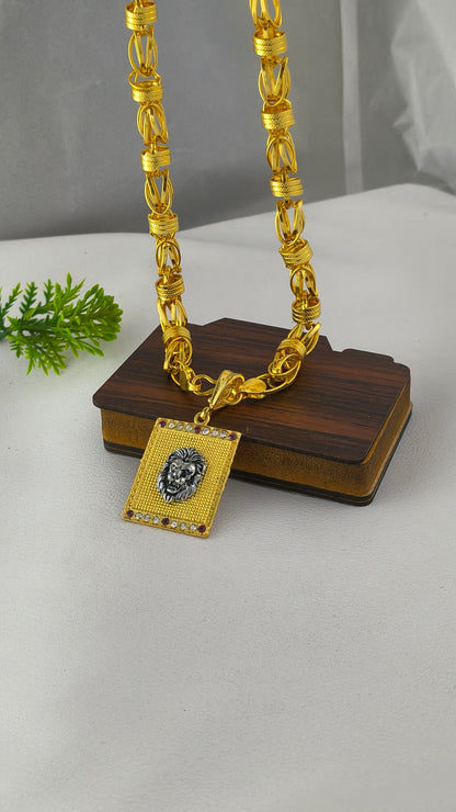 Gold Plated Lion Pendant with Rajwadi Chain Combo