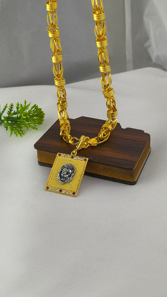 Gold Plated Lion Pendant with Rajwadi Chain Combo
