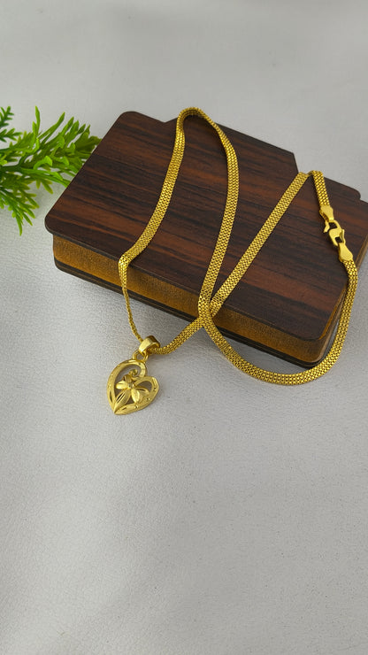 Gold Plated Floral Design Heart Pendant with 3Line Gold Plated Chain Combo Set
