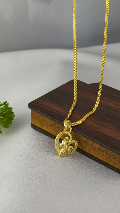 Gold Plated Floral Design Heart Pendant with 2Line Gold Plated Chain Combo Set