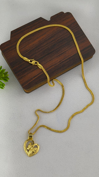 Gold Plated Floral Design Heart Pendant with 2Line Gold Plated Chain Combo Set