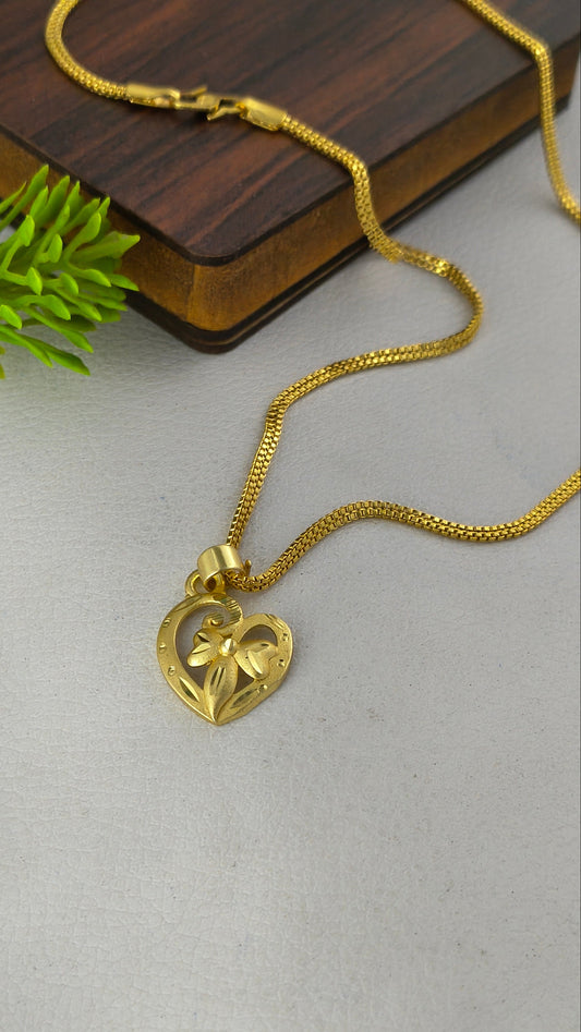 Gold Plated Floral Design Heart Pendant with 2Line Gold Plated Chain Combo Set