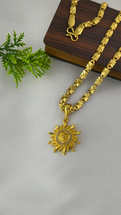 Heavy Gold Plated Biscuit Chain with Suryadev Pendant Combo Set