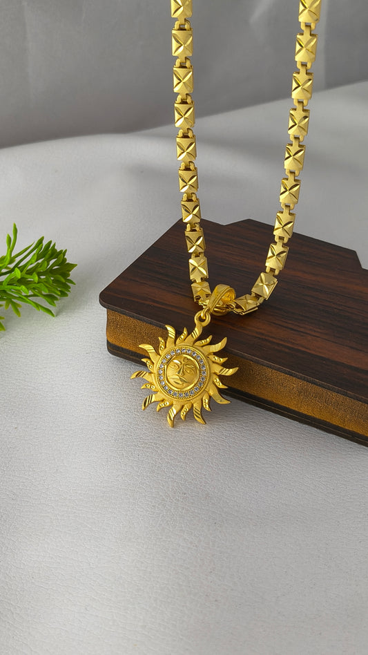 Heavy Gold Plated Biscuit Chain with Suryadev Pendant Combo Set