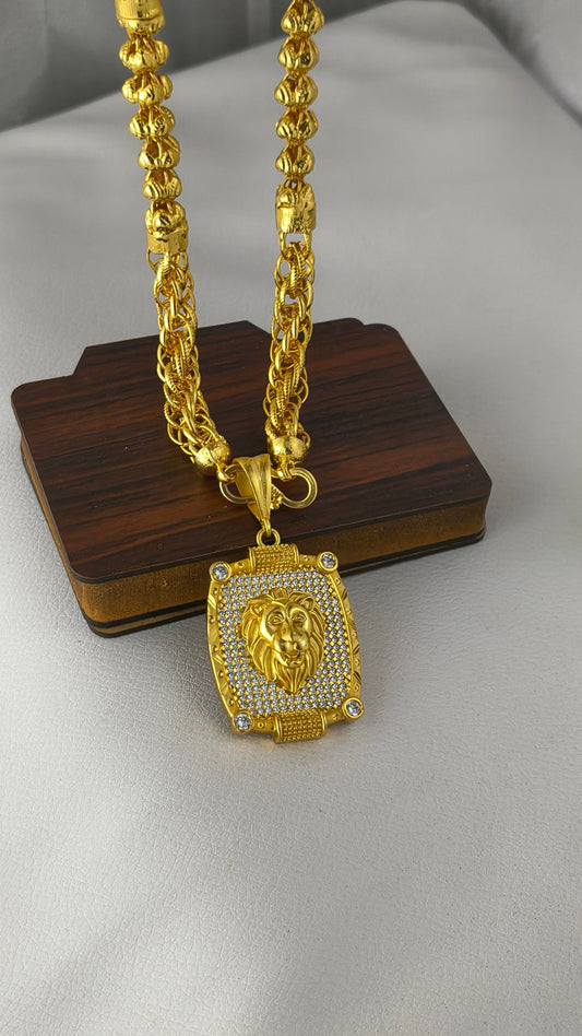 Gold-plated Lion face pendant with Bahubali heavy design chain Combo Set.