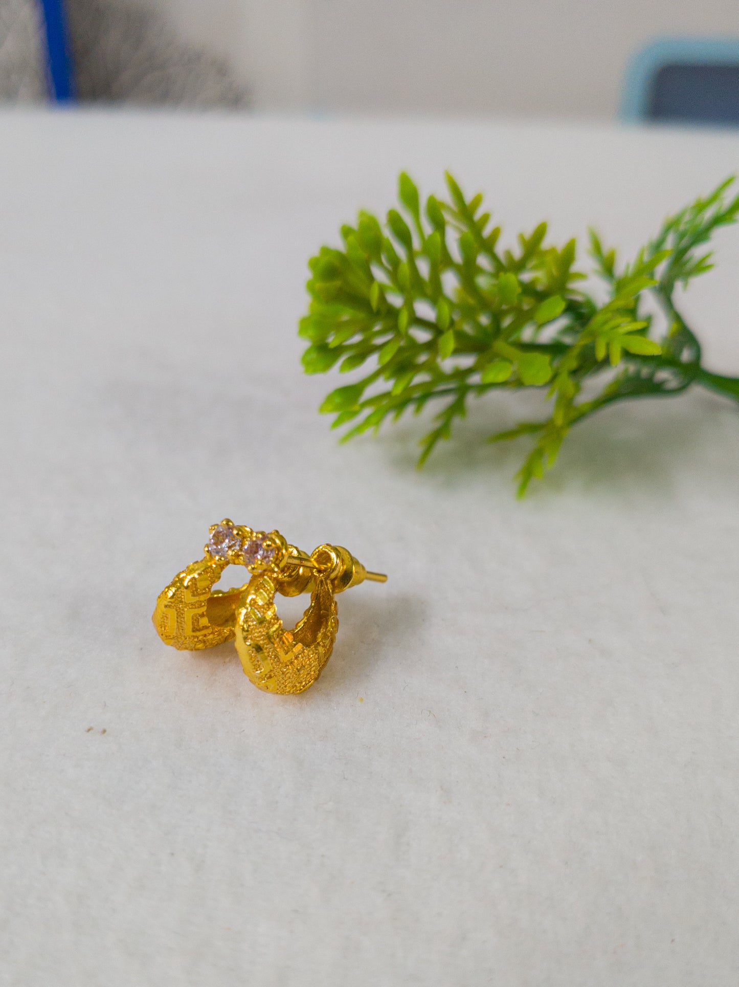 Gold-Plated Designer Hoop Earrings with White Stone Stud for Men