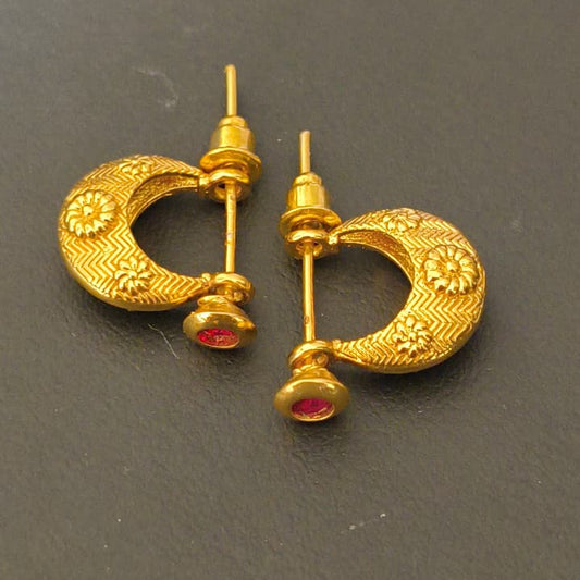 One Gram Gold Plated Crescent Moon Stud Earrings with American Diamond, Traditional Indian Design.