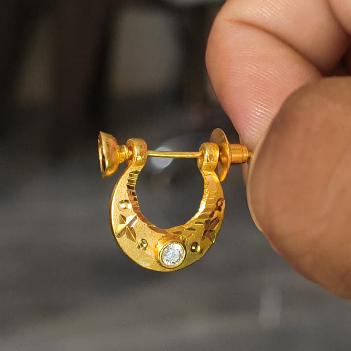 One Gram gold plated Rajwadi style crescent-shaped crystal diamond, hoop earrings.