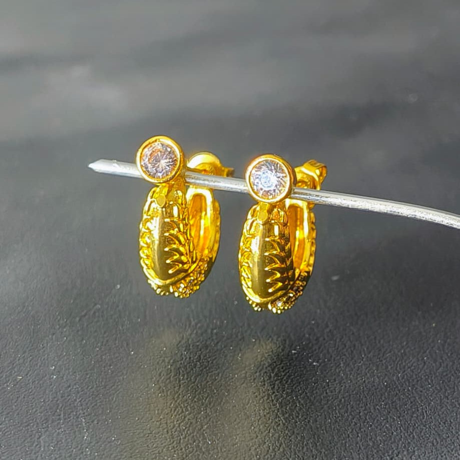 One Gram Gold Plated Anti Tarnish CZ Crystal Stone Hypoallergenic Lightweight Ear Stud Huggie Hoop Piercing Earrings Round Kaju Bali Earrings.