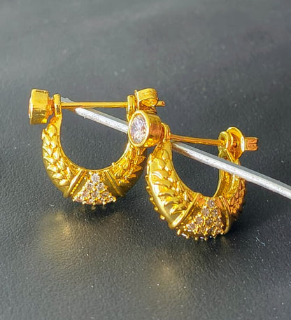 One Gram Gold Plated Anti Tarnish CZ Crystal Stone Hypoallergenic Lightweight Ear Stud Huggie Hoop Piercing Earrings Round Kaju Bali Earrings.